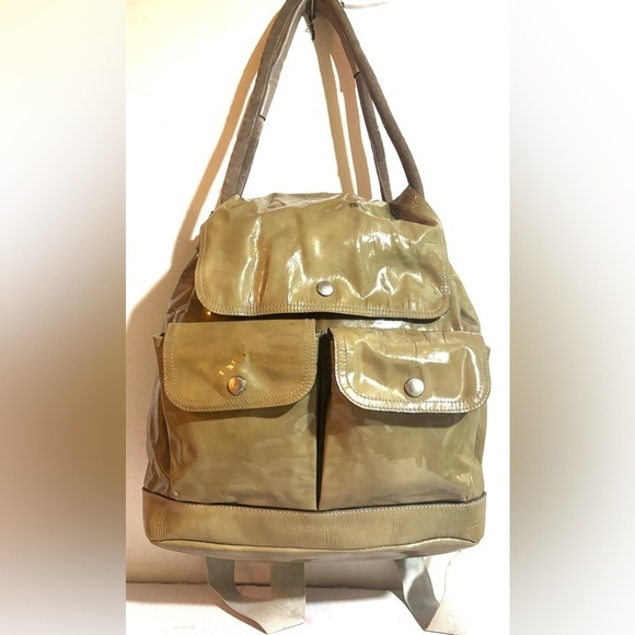 Brunello Cucinelli convertible taupe patent & suede backpack